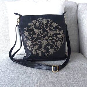 Black Milo Leather Crossbody Bag with Grey Leather Floral Appliques